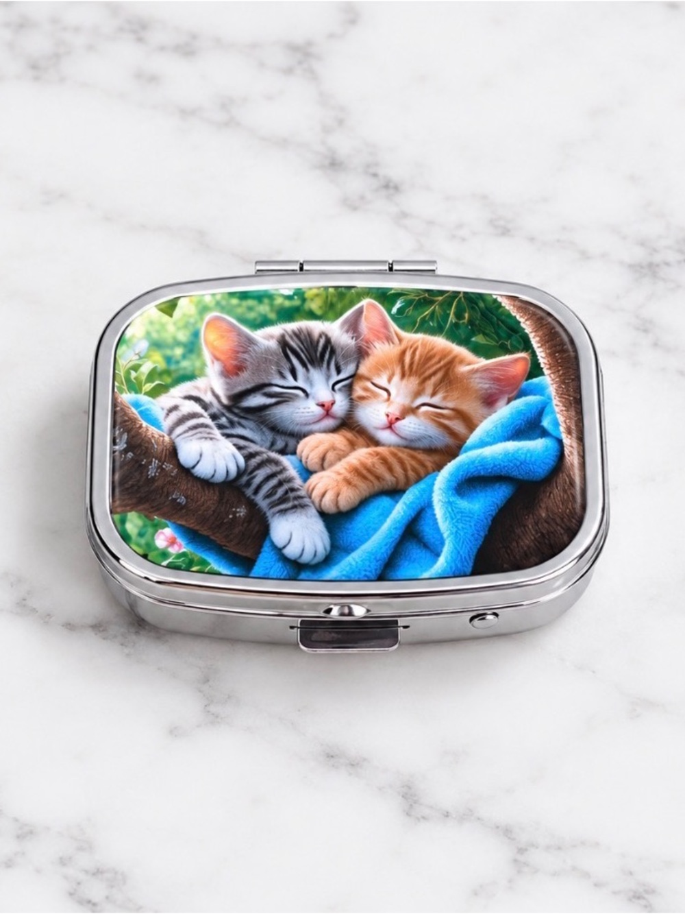 Sleeping Kittens Design Purse Pill Box/Travel Jewelry-Compact With Lidded Mirror